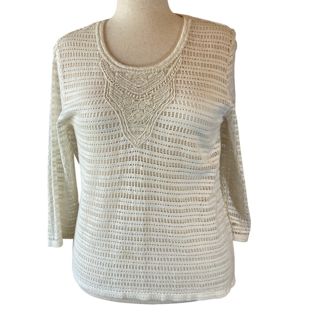 Chicos Crochet Knit‎ Sweater Cream Beaded Neckline 3/4 Sleeve Size 18